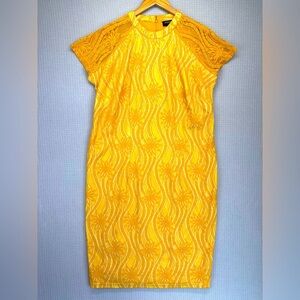 Ashro Women 1X Yellow Lace Overlay Midi Dress  Back Zipper Cap Sleeve Floral